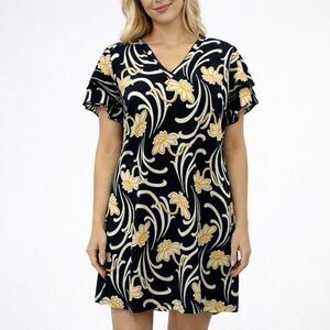 Ann Taylor Dress Size 14 Blue Yellow Floral V Neck Flutter Sleeve